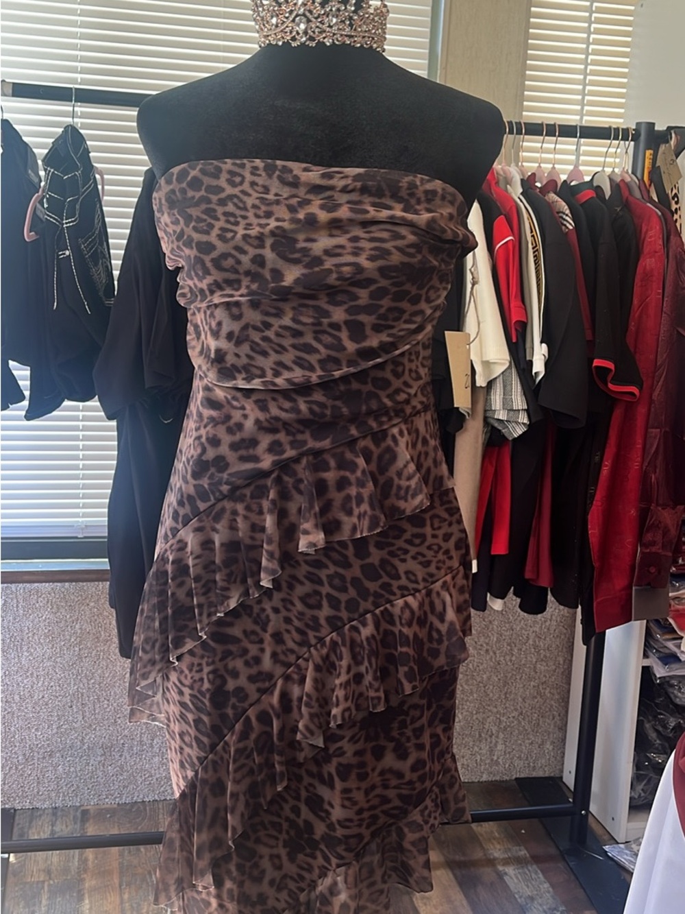 Strapless Leopard Print Ruffle Midi Dress - Brown